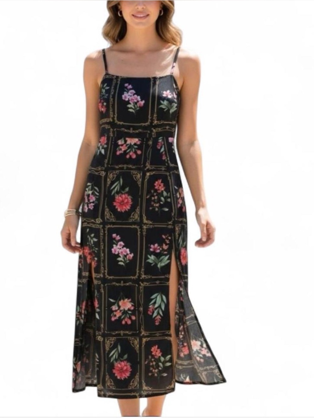 Anthropologie Taylor Black Floral Square-Panel Spaghetti-Strap Midi Dress